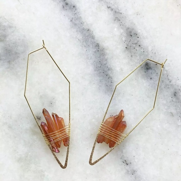 Boho Wire Wrapped Quartz Wire Hoop Earrings - Picture 2 of 2